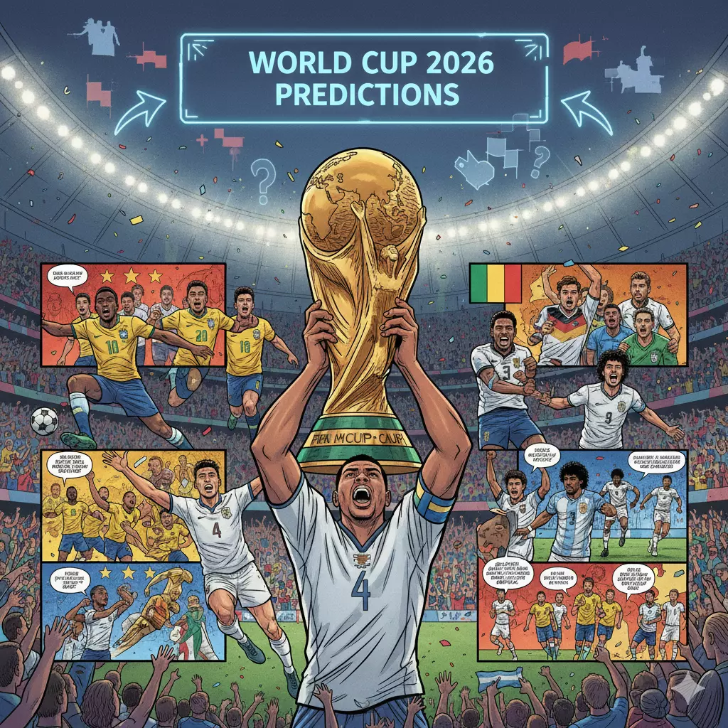 世界盃足球賽 2026世足冠軍預測概念圖,球員高舉大力神盃,背景呈現多國代表隊與歷屆冠軍場景